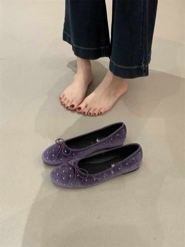 Βελούδινα Mary Jane γυναικεία με κρυστάλλους, στρογγύλη μύτη, χαμηλό τακούνι, slip-on, ριγέ σχέδιο