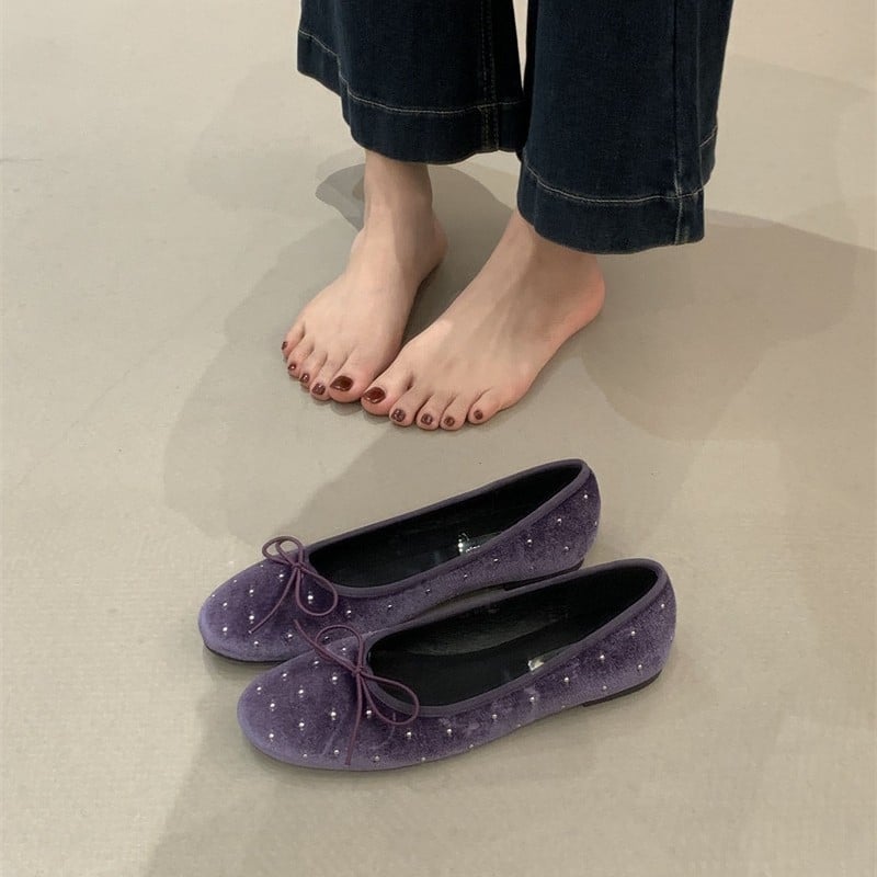 Βελούδινα Mary Jane γυναικεία με κρυστάλλους, στρογγύλη μύτη, χαμηλό τακούνι, slip-on, ριγέ σχέδιο