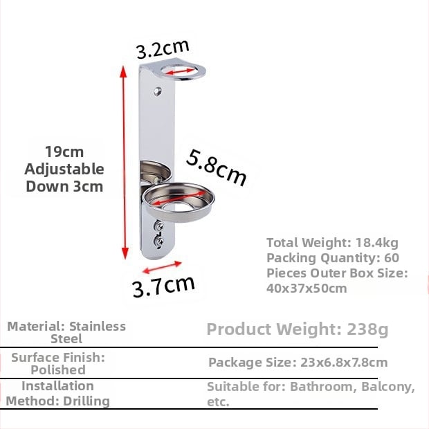 Ανοξείδωτη βάση τοίχου για φιάλες σαπουνιού, αντισηπτικό χεριών, αφρόλουτρο και μαλακτικό μαλλιών; μηχανισμός πατήματος με το χέρι; μοντέρνος μινιμαλιστικός σχεδιασμός; βάρος 0,35 kg; κατάλληλο για ξενοδοχεία, διαμερίσματα και μπάνια.