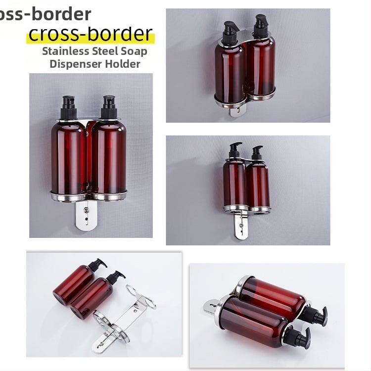 Ανοξείδωτη βάση τοίχου για φιάλες σαπουνιού, αντισηπτικό χεριών, αφρόλουτρο και μαλακτικό μαλλιών; μηχανισμός πατήματος με το χέρι; μοντέρνος μινιμαλιστικός σχεδιασμός; βάρος 0,35 kg; κατάλληλο για ξενοδοχεία, διαμερίσματα και μπάνια.