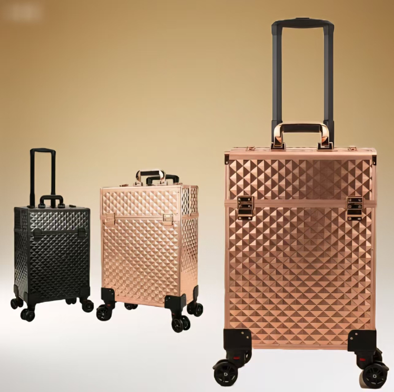 Cutie de machiaj cu tijă de tragere, ABS, roți universale, închidere cu lacăt