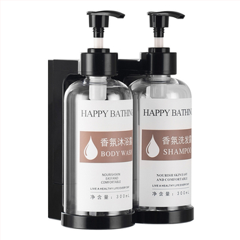 Τοίχο-μονταρισμένος διανομέας σαπουνιού χωρίς διάτρηση – χειροκίνητη πίεση, πλαστικό σώμα. Για μπάνιο ξενοδοχείου. Διανέμει σαπούνι, αντισηπτικό, σαμπουάν και gel μπάνιου.