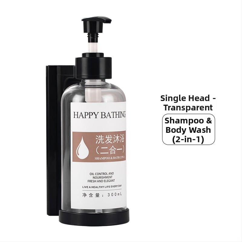 Τοίχο-μονταρισμένος διανομέας σαπουνιού χωρίς διάτρηση – χειροκίνητη πίεση, πλαστικό σώμα. Για μπάνιο ξενοδοχείου. Διανέμει σαπούνι, αντισηπτικό, σαμπουάν και gel μπάνιου.