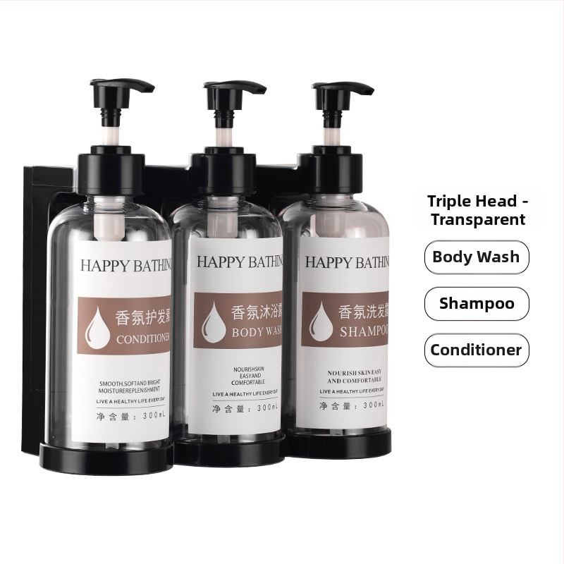 Τοίχο-μονταρισμένος διανομέας σαπουνιού χωρίς διάτρηση – χειροκίνητη πίεση, πλαστικό σώμα. Για μπάνιο ξενοδοχείου. Διανέμει σαπούνι, αντισηπτικό, σαμπουάν και gel μπάνιου.