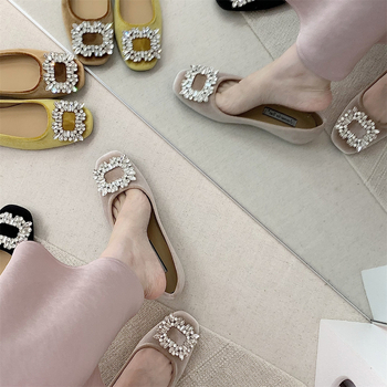 Ženske slip-on balerine s unutarnjim povećanjem visine, velur rhinestones, četvrtasti vrh, niski pet 1–3 cm