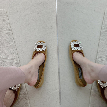 Ženske slip-on balerine s unutarnjim povećanjem visine, velur rhinestones, četvrtasti vrh, niski pet 1–3 cm