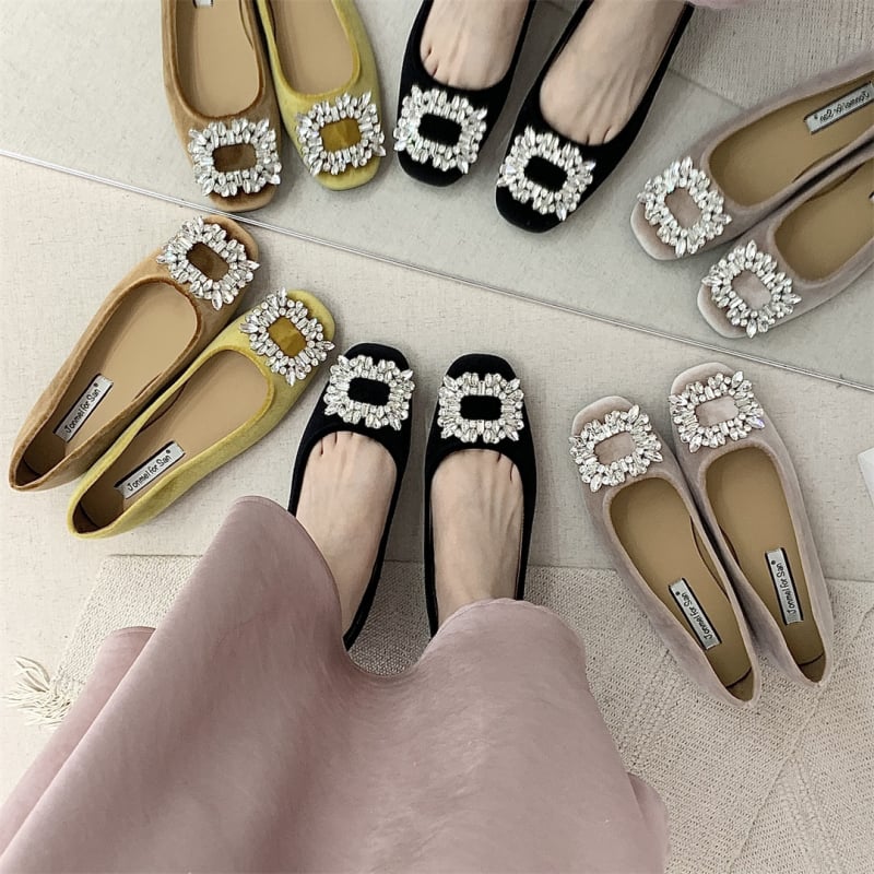 Ženske slip-on balerine s unutarnjim povećanjem visine, velur rhinestones, četvrtasti vrh, niski pet 1–3 cm