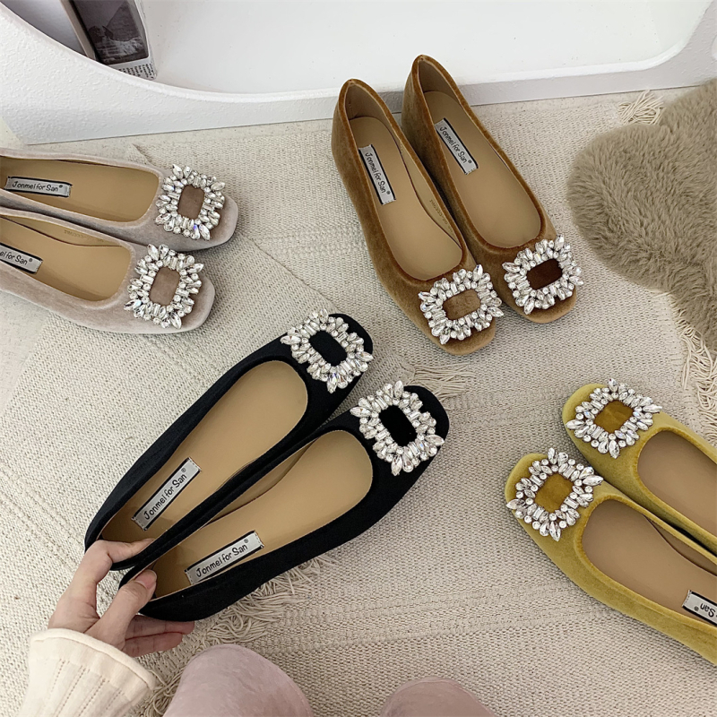 Ženske slip-on balerine s unutarnjim povećanjem visine, velur rhinestones, četvrtasti vrh, niski pet 1–3 cm