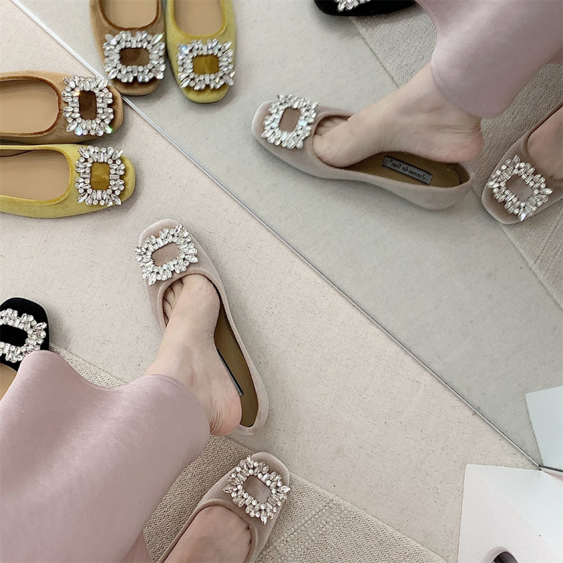 Ženske slip-on balerine s unutarnjim povećanjem visine, velur rhinestones, četvrtasti vrh, niski pet 1–3 cm
