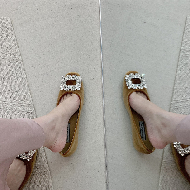 Ženske slip-on balerine s unutarnjim povećanjem visine, velur rhinestones, četvrtasti vrh, niski pet 1–3 cm