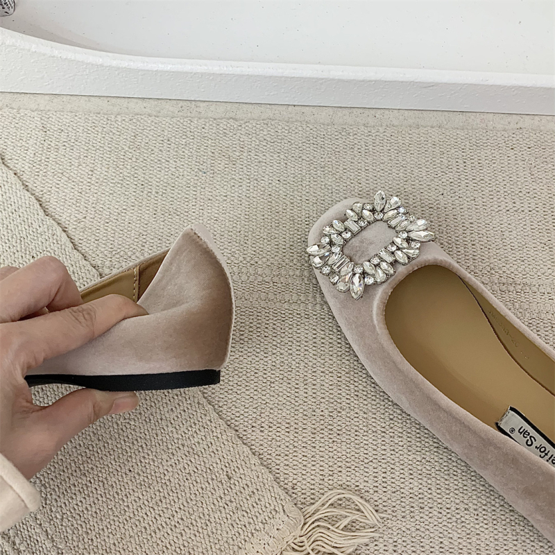 Ženske slip-on balerine s unutarnjim povećanjem visine, velur rhinestones, četvrtasti vrh, niski pet 1–3 cm