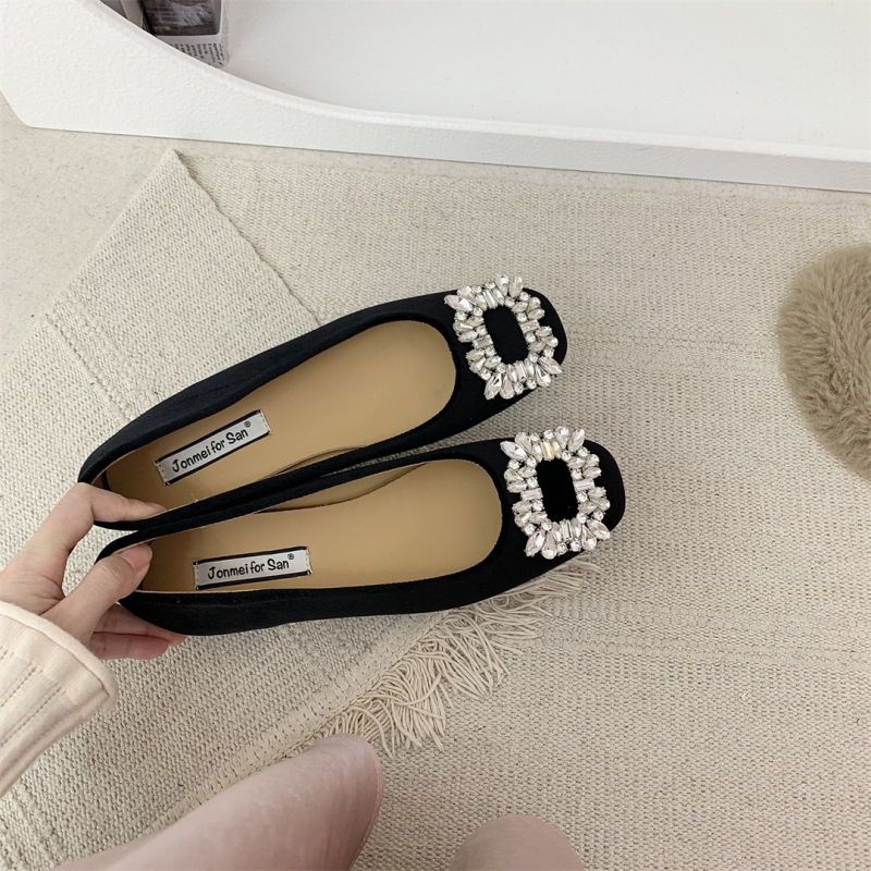 Ženske slip-on balerine s unutarnjim povećanjem visine, velur rhinestones, četvrtasti vrh, niski pet 1–3 cm