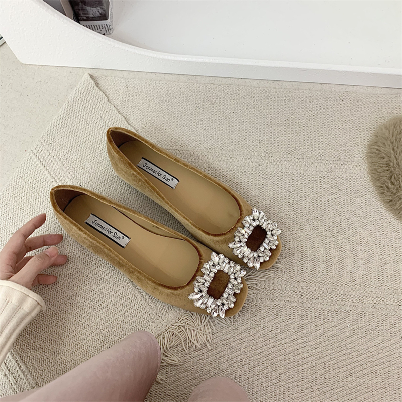 Ženske slip-on balerine s unutarnjim povećanjem visine, velur rhinestones, četvrtasti vrh, niski pet 1–3 cm