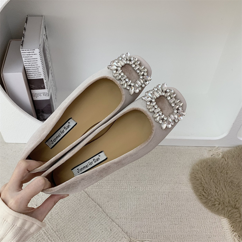 Ženske slip-on balerine s unutarnjim povećanjem visine, velur rhinestones, četvrtasti vrh, niski pet 1–3 cm