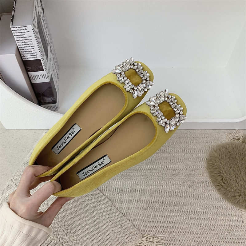 Ženske slip-on balerine s unutarnjim povećanjem visine, velur rhinestones, četvrtasti vrh, niski pet 1–3 cm