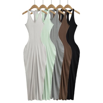 Női ujjatlan V-nyakú, hosszú A-vonalú ruha spandex keverékből, színes panelek mintázattal