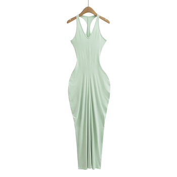 Női ujjatlan V-nyakú, hosszú A-vonalú ruha spandex keverékből, színes panelek mintázattal