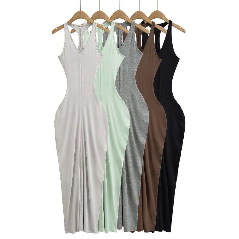 Női ujjatlan V-nyakú, hosszú A-vonalú ruha spandex keverékből, színes panelek mintázattal