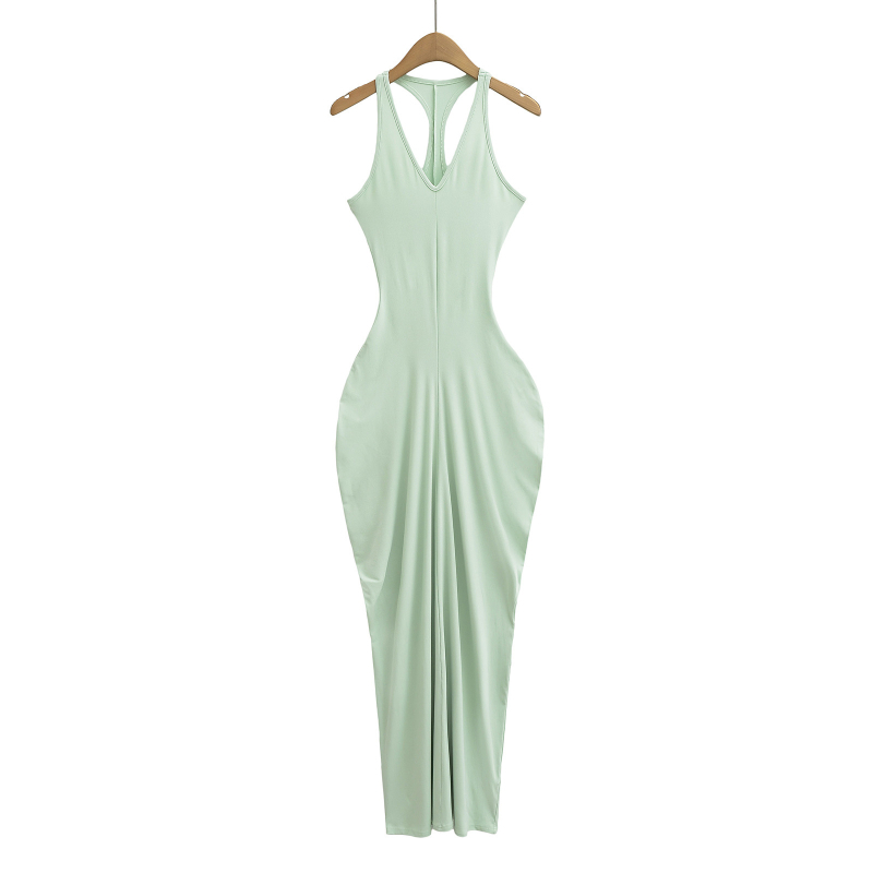 Női ujjatlan V-nyakú, hosszú A-vonalú ruha spandex keverékből, színes panelek mintázattal