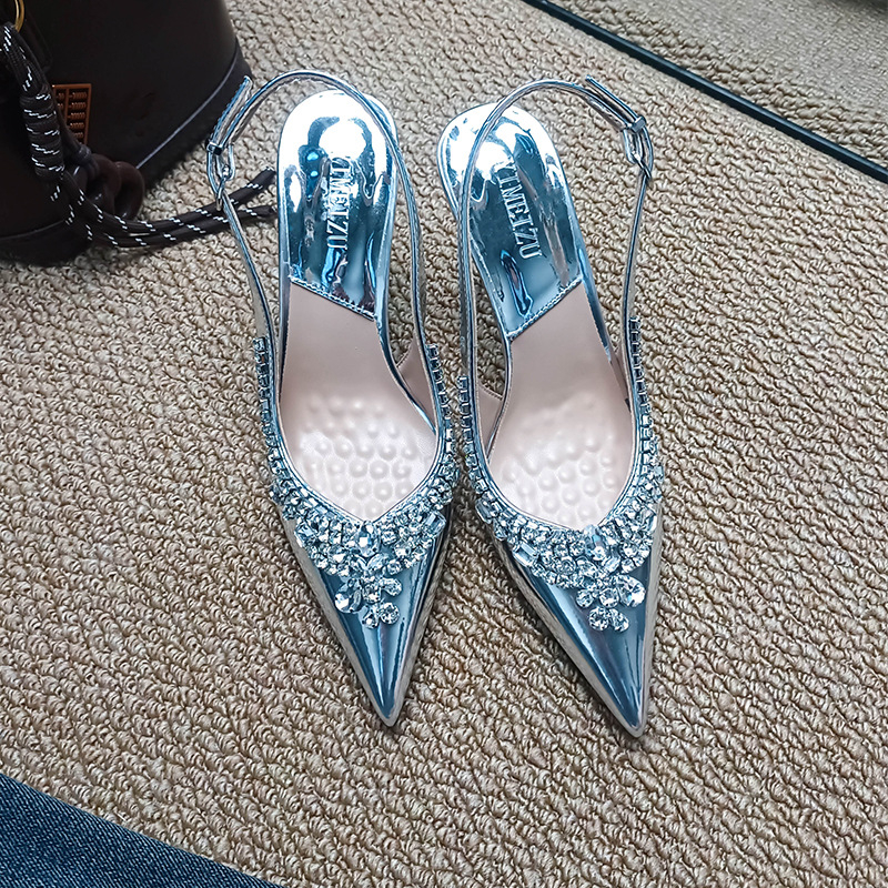 Туфли на ток с остър нос и кристални детайли, тънък ток — горна част Super Fiber, подметка TPU, височина на тока 6–8 cm