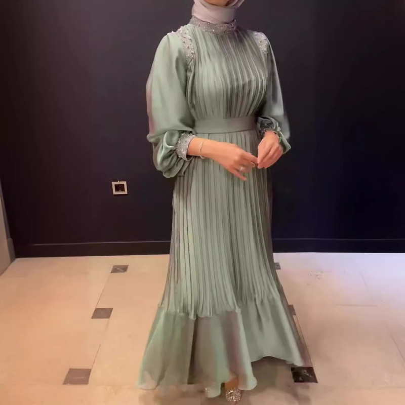 Poliészter A-vonalú hosszú ruha gyémántokkal díszített, kerek nyakkal és lámpaujjú ujjak