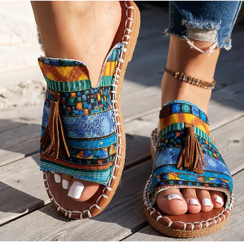 Sandale boeme pentru femei, cu ciucuri – partea superioară din pânză, talpă din cauciuc, slip-on, încălțăminte de relaxare