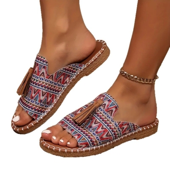 Sandale boeme pentru femei, cu ciucuri – partea superioară din pânză, talpă din cauciuc, slip-on, încălțăminte de relaxare