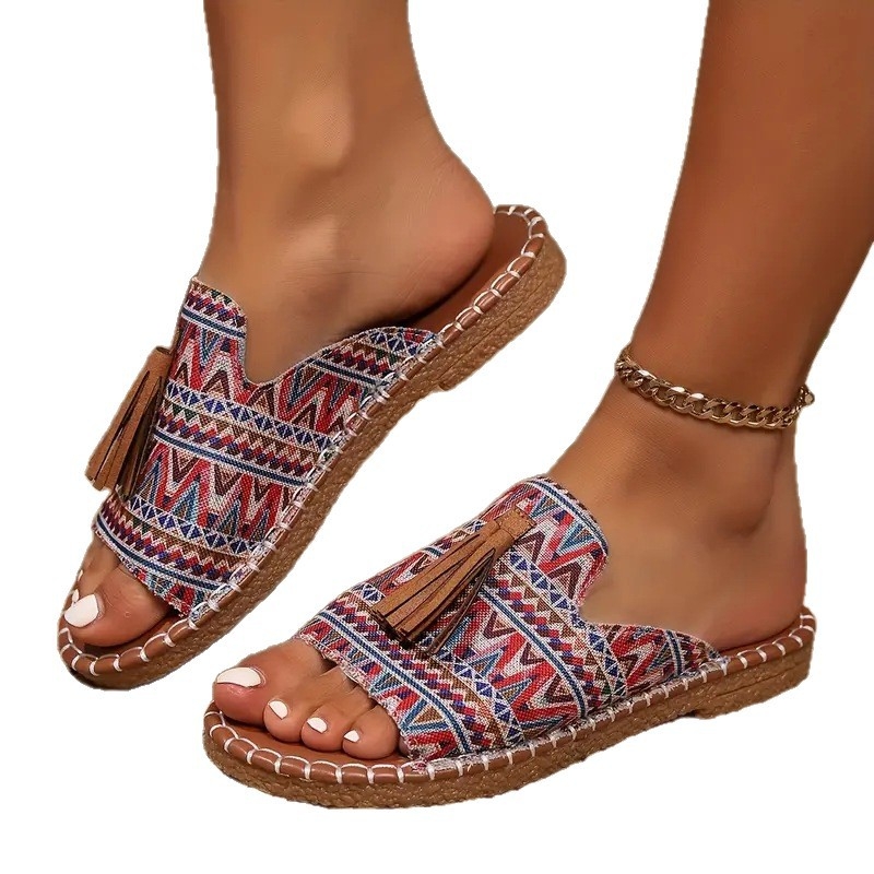 Sandale boeme pentru femei, cu ciucuri – partea superioară din pânză, talpă din cauciuc, slip-on, încălțăminte de relaxare