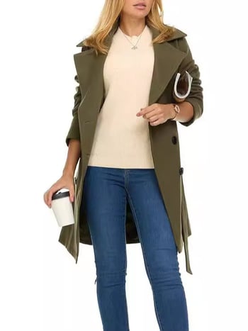 Női hosszú kettős gombos kabát gallérral, poliészter anyag, bélés, karcsú szabás, hossz 80–100 cm