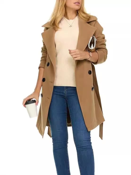 Női hosszú kettős gombos kabát gallérral, poliészter anyag, bélés, karcsú szabás, hossz 80–100 cm