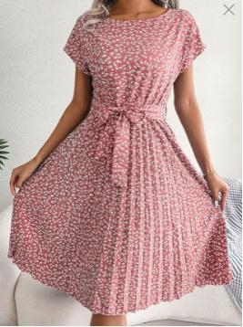 Haljina s printsom, A-linijski kroj, midi duljina, okrugli izrez, kratki rukavi