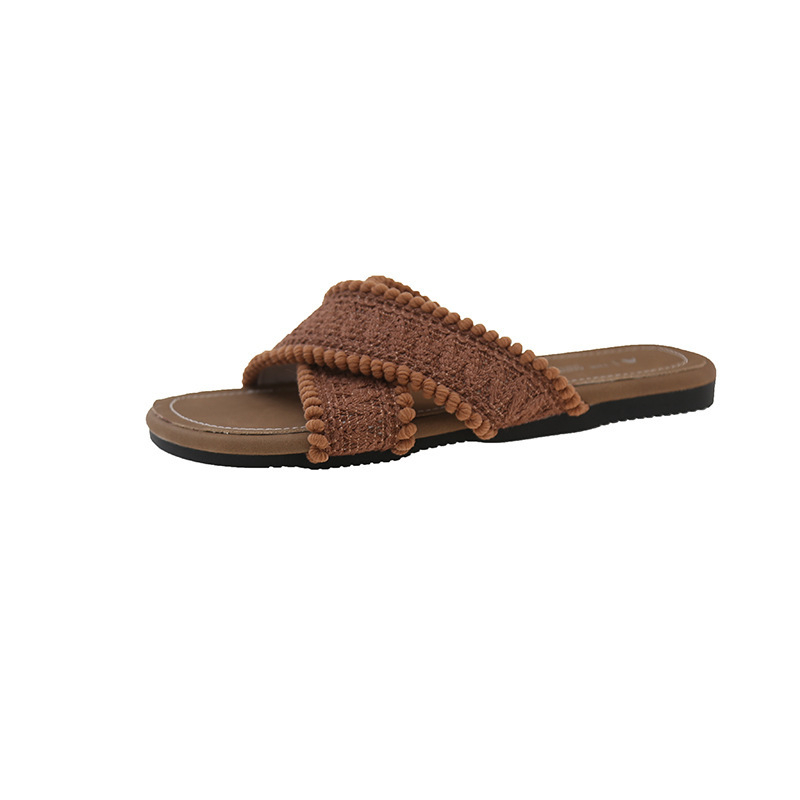 Ženske sandale s jednim remenom, gornji dio od tkanine, gumena potplata, slip-on, za plažu