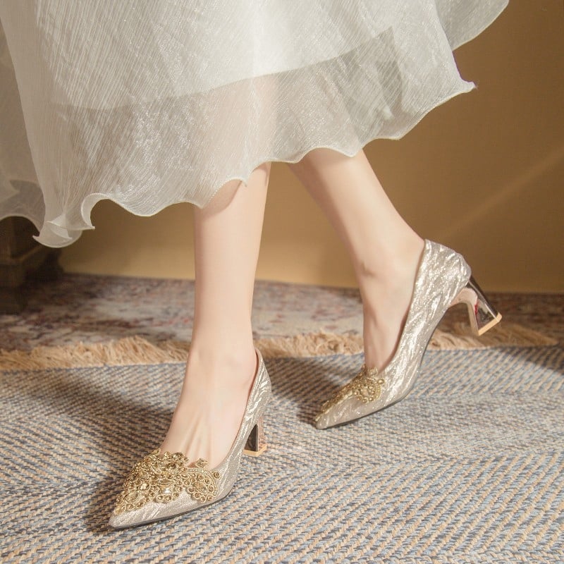 Γυναικείες γόβες ψηλοτάκουνες με μυτερό δάχτυλο, PU επάνω μέρος, 6–8 εκ. τακούνι, τραχείς τακούνες