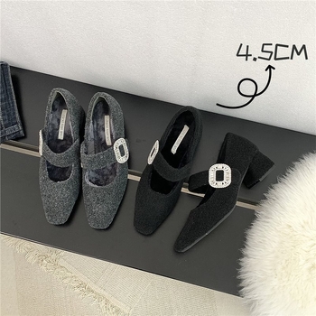 Γυναικεία Mary Jane παπούτσια με γούνινο εσωτερικό, άνω μέρος από σουέντ, τετράγωνη μύτη, χαμηλό παχύ τακούνι, πάτος από μαλλί