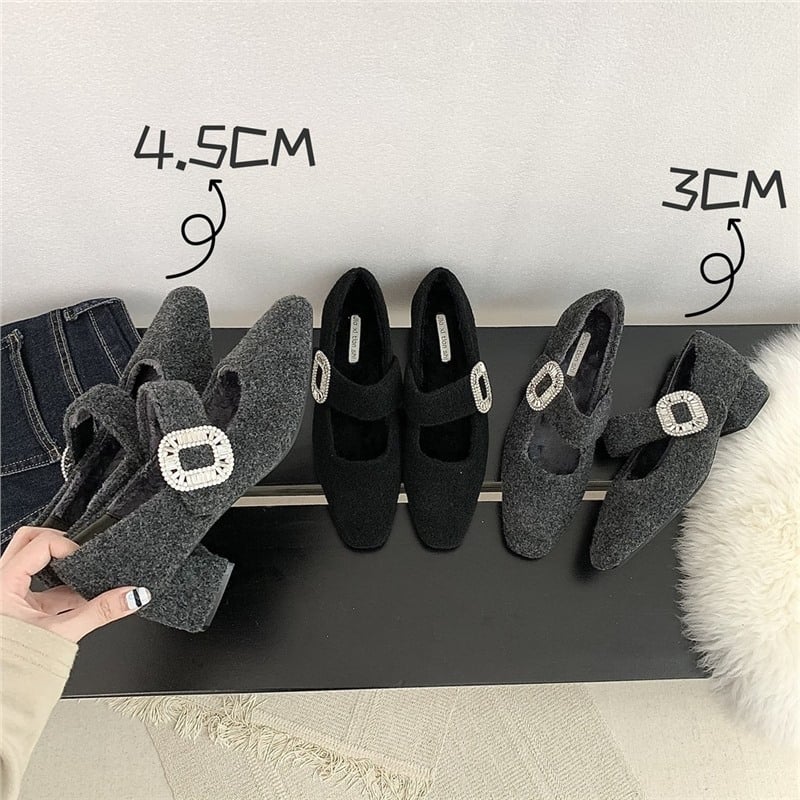 Γυναικεία Mary Jane παπούτσια με γούνινο εσωτερικό, άνω μέρος από σουέντ, τετράγωνη μύτη, χαμηλό παχύ τακούνι, πάτος από μαλλί