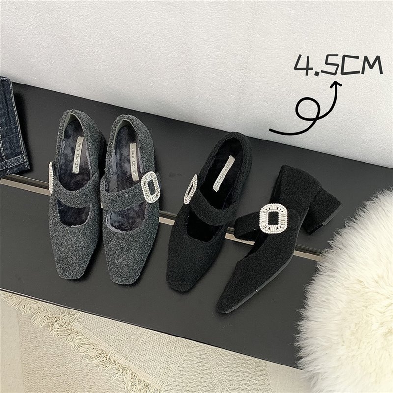 Γυναικεία Mary Jane παπούτσια με γούνινο εσωτερικό, άνω μέρος από σουέντ, τετράγωνη μύτη, χαμηλό παχύ τακούνι, πάτος από μαλλί