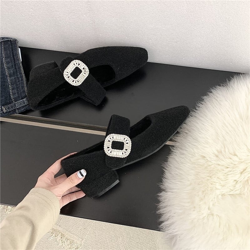 Γυναικεία Mary Jane παπούτσια με γούνινο εσωτερικό, άνω μέρος από σουέντ, τετράγωνη μύτη, χαμηλό παχύ τακούνι, πάτος από μαλλί