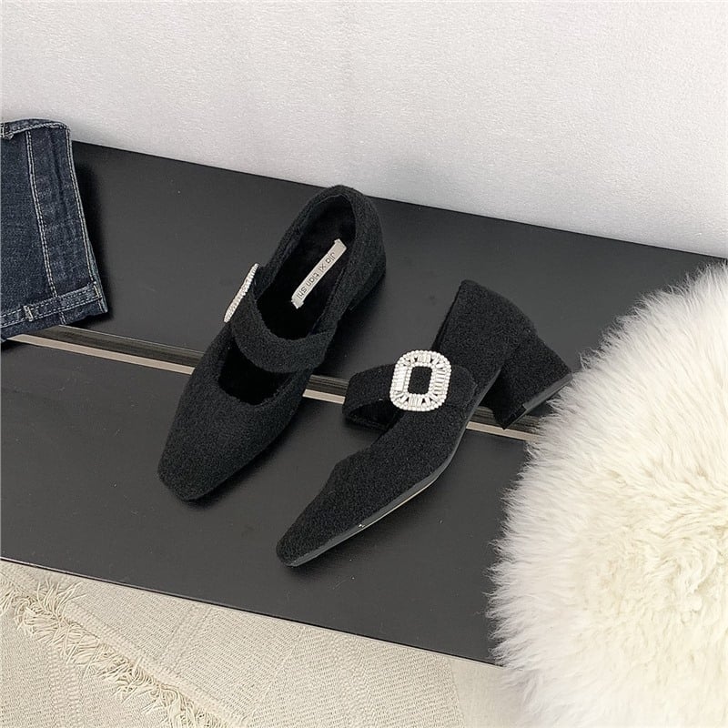 Γυναικεία Mary Jane παπούτσια με γούνινο εσωτερικό, άνω μέρος από σουέντ, τετράγωνη μύτη, χαμηλό παχύ τακούνι, πάτος από μαλλί