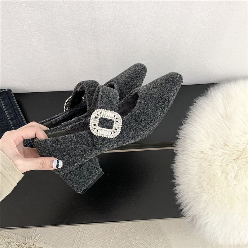 Γυναικεία Mary Jane παπούτσια με γούνινο εσωτερικό, άνω μέρος από σουέντ, τετράγωνη μύτη, χαμηλό παχύ τακούνι, πάτος από μαλλί