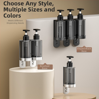 Στήριγμα φιαλών σαπουνιού και σαμπουάν από ανοξείδωτο ατσάλι 304 — τοίχου, βουρτσισμένη επιφάνεια, μοντέρνος μινιμαλισμός, χειροκίνητο πάτημα