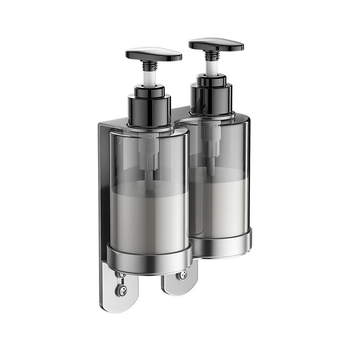 Στήριγμα φιαλών σαπουνιού και σαμπουάν από ανοξείδωτο ατσάλι 304 — τοίχου, βουρτσισμένη επιφάνεια, μοντέρνος μινιμαλισμός, χειροκίνητο πάτημα