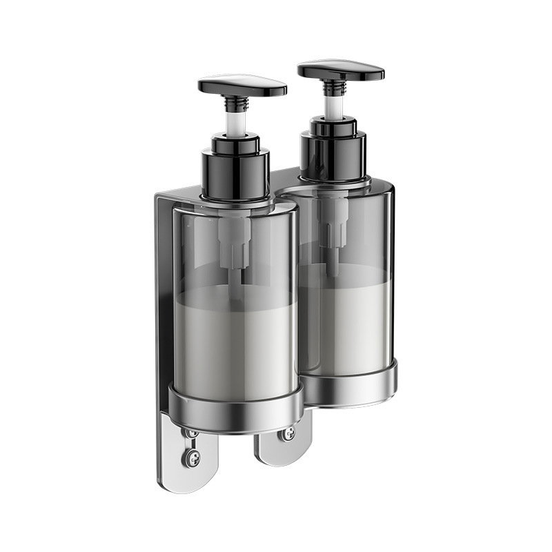 Στήριγμα φιαλών σαπουνιού και σαμπουάν από ανοξείδωτο ατσάλι 304 — τοίχου, βουρτσισμένη επιφάνεια, μοντέρνος μινιμαλισμός, χειροκίνητο πάτημα