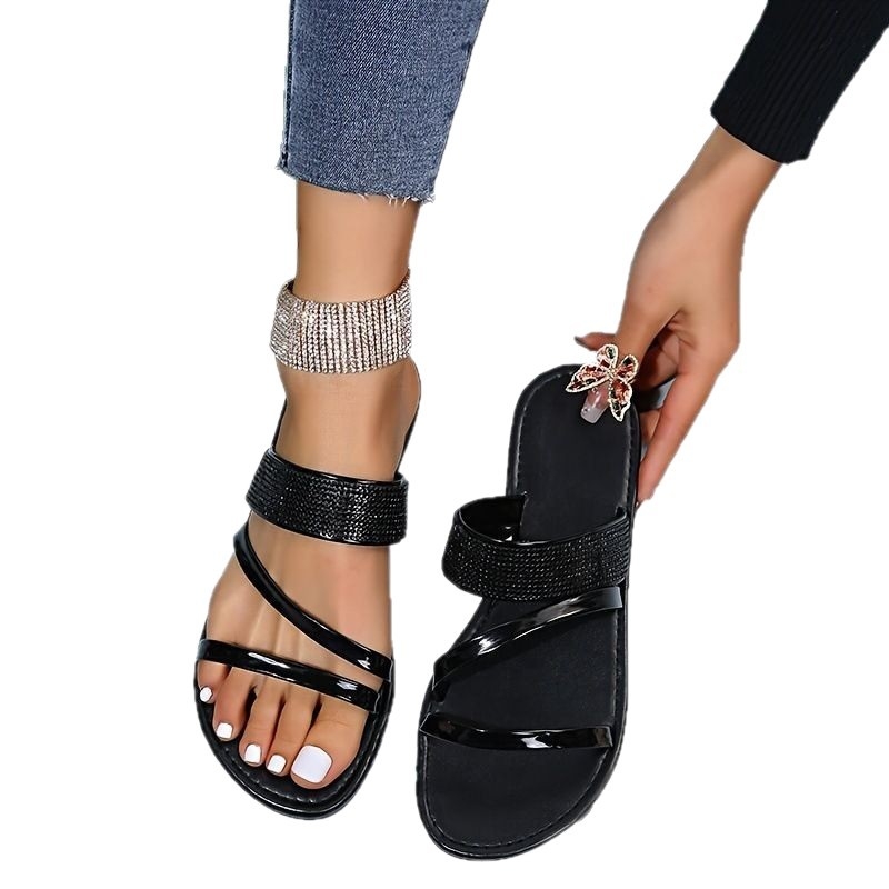 Sandale pentru femei cu deget deschis, talpă plată, talpă din cauciuc, căptușeală PU, primăvara 2025