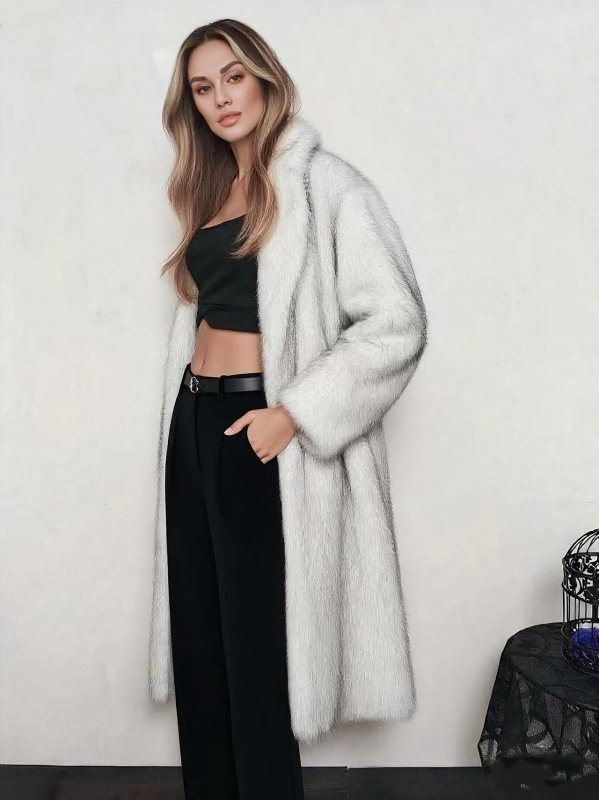 Jakna od umjetne krznene kože, duga verzija, rukavi 3/4, ovratnik od umjetne krzn, poliester, elegantan stil za žene