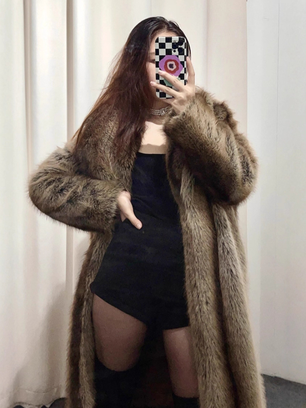 Jakna od umjetne krznene kože, duga verzija, rukavi 3/4, ovratnik od umjetne krzn, poliester, elegantan stil za žene