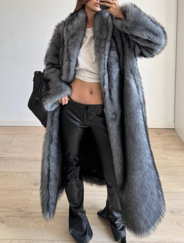 Jakna od umjetne krznene kože, duga verzija, rukavi 3/4, ovratnik od umjetne krzn, poliester, elegantan stil za žene