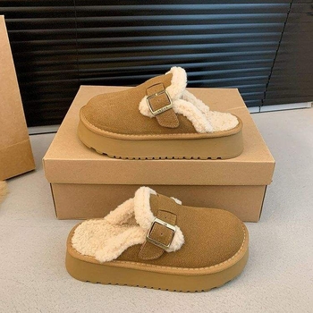 Ženske Birkenstock-stil papuče s krznom, gornji dio telećeg velura, gumeni potplat, protuklizni, zatvoren vrh, debljina potplata 0–3 cm