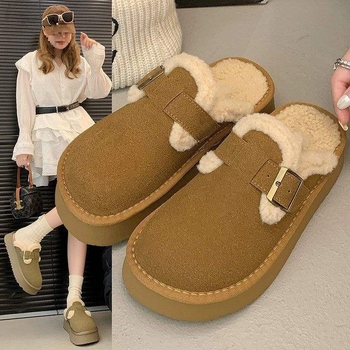 Ženske Birkenstock-stil papuče s krznom, gornji dio telećeg velura, gumeni potplat, protuklizni, zatvoren vrh, debljina potplata 0–3 cm