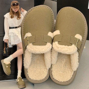 Ženske Birkenstock-stil papuče s krznom, gornji dio telećeg velura, gumeni potplat, protuklizni, zatvoren vrh, debljina potplata 0–3 cm