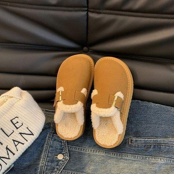 Ženske Birkenstock-stil papuče s krznom, gornji dio telećeg velura, gumeni potplat, protuklizni, zatvoren vrh, debljina potplata 0–3 cm